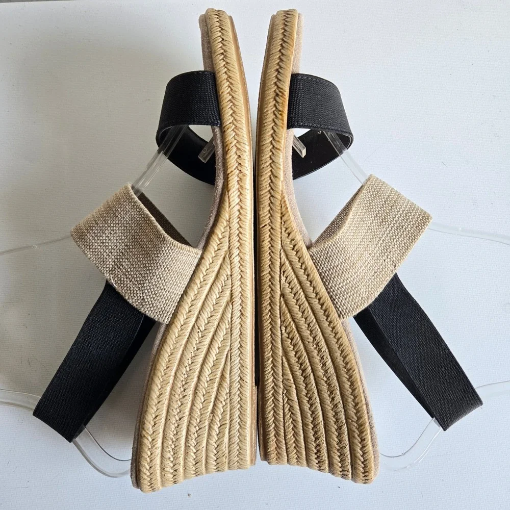 Charleston Shoe Co Womens Black Beige Elastic Strap Espadrille Wedge Sandals 9